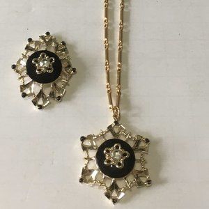 Vintage costume jewelry necklace star shape black center pendant brooch pin set